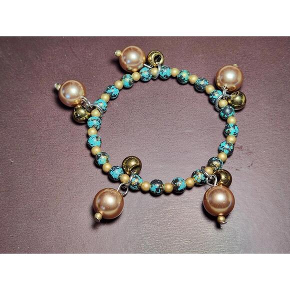 Jewelry - Costume Jewelry Beaded Stretch Bracelet Pearl Gold Turquoise